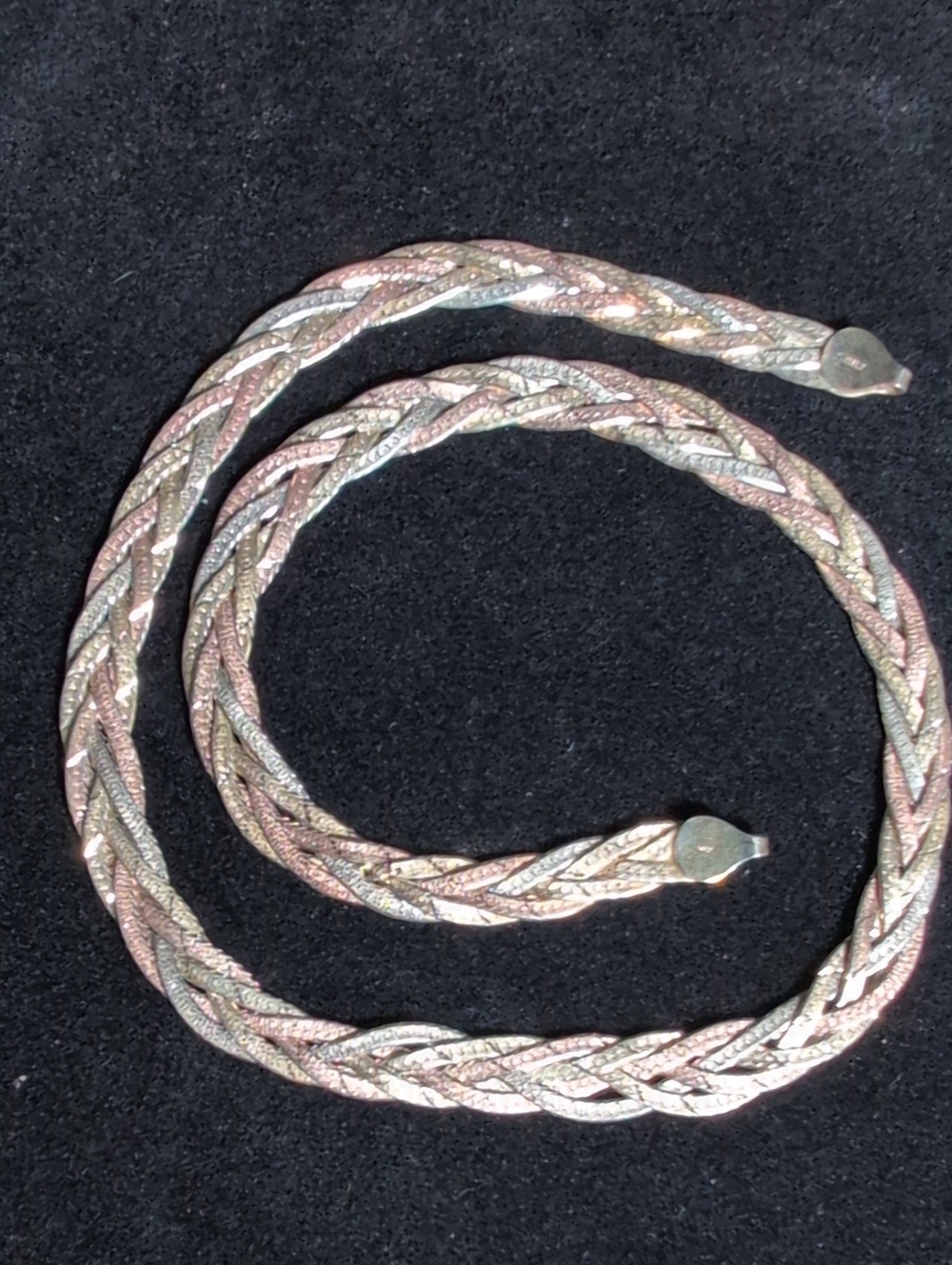 Tri-Tone Braided Rope Necklace — Pink, Gold Tones 925 Sterling Silver 14g